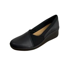 Clarks Suttyn Walk Wedge Flats Women Sz 8.5 Shoes Black Leather Ultimate Comfort